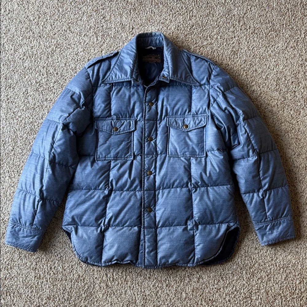 VTG 70’s Eddie Bauer Down Insulated Quilted Shirt Jacket Denim Chambray Blue L